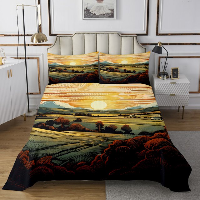 YST Field Landscape Coverlet Set Rustic Decor Farmhouse Theme Bedspread Set Queen For Kids Adults Watercolor Impressionism Style Quilt Set With 2 Pillowcases