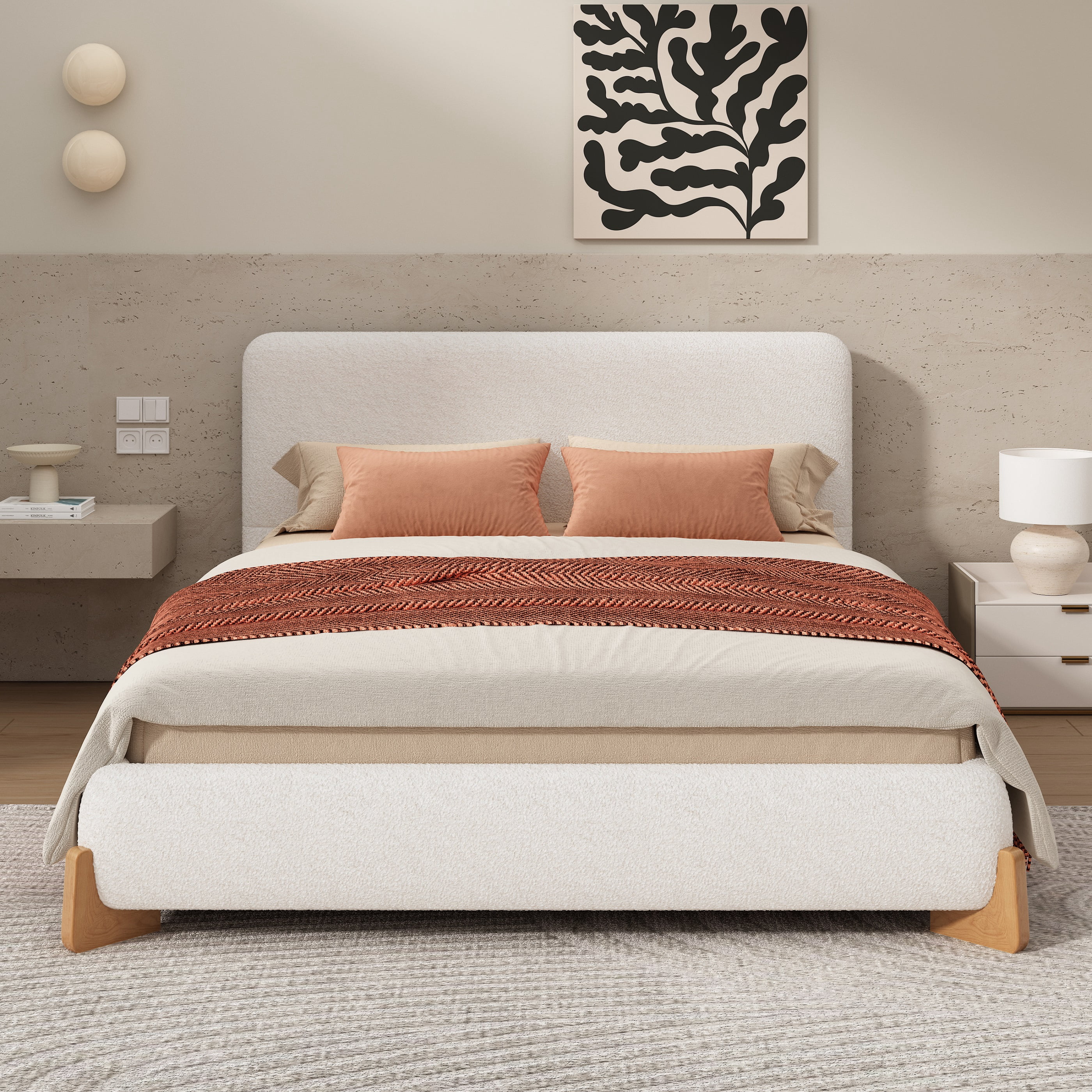 Noble House Elegant Boucle Upholstered Bed, Queen Size, White