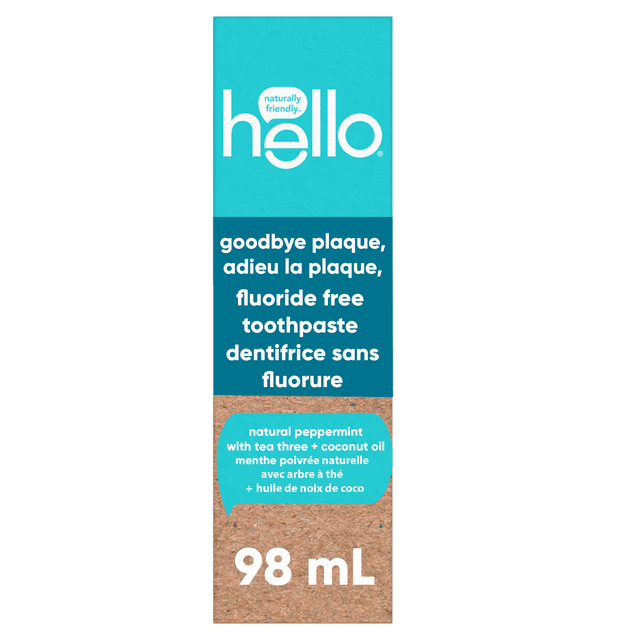 hello Goodbye Plaque Whitening Fluoride Free Toothpaste, Peppermint, 98 mL box with turquoise top featuring white hello logo, dark teal panel with bilingual text about fluoride free plaque removal toothpaste, and cork-textured bottom panel describing natural peppermint with tea tree and coconut oil, highlighting whitening and plaque control benefits.