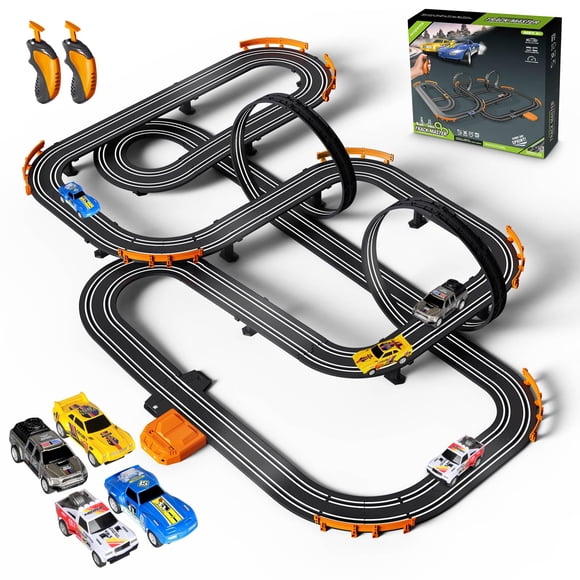 Slot Car Race Track Set Electric or Battery Powered Racing Car Track for Kids Boys, with 4 High-Speed Cars and 2 Hand Controllers,Dual Racing Game Toys for Children Age 6 7 8