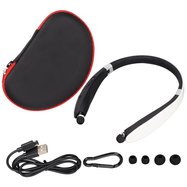 Retractable Earbuds Headset, Noise Cancelling Foldable Neckband Headphone with mic in white, featuring Bluetooth 5.0 technology and ergonomic design for sports and commuting. Includes USB charging cable, carabiner, storage bag, and multiple earbud sizes for personalized fit.