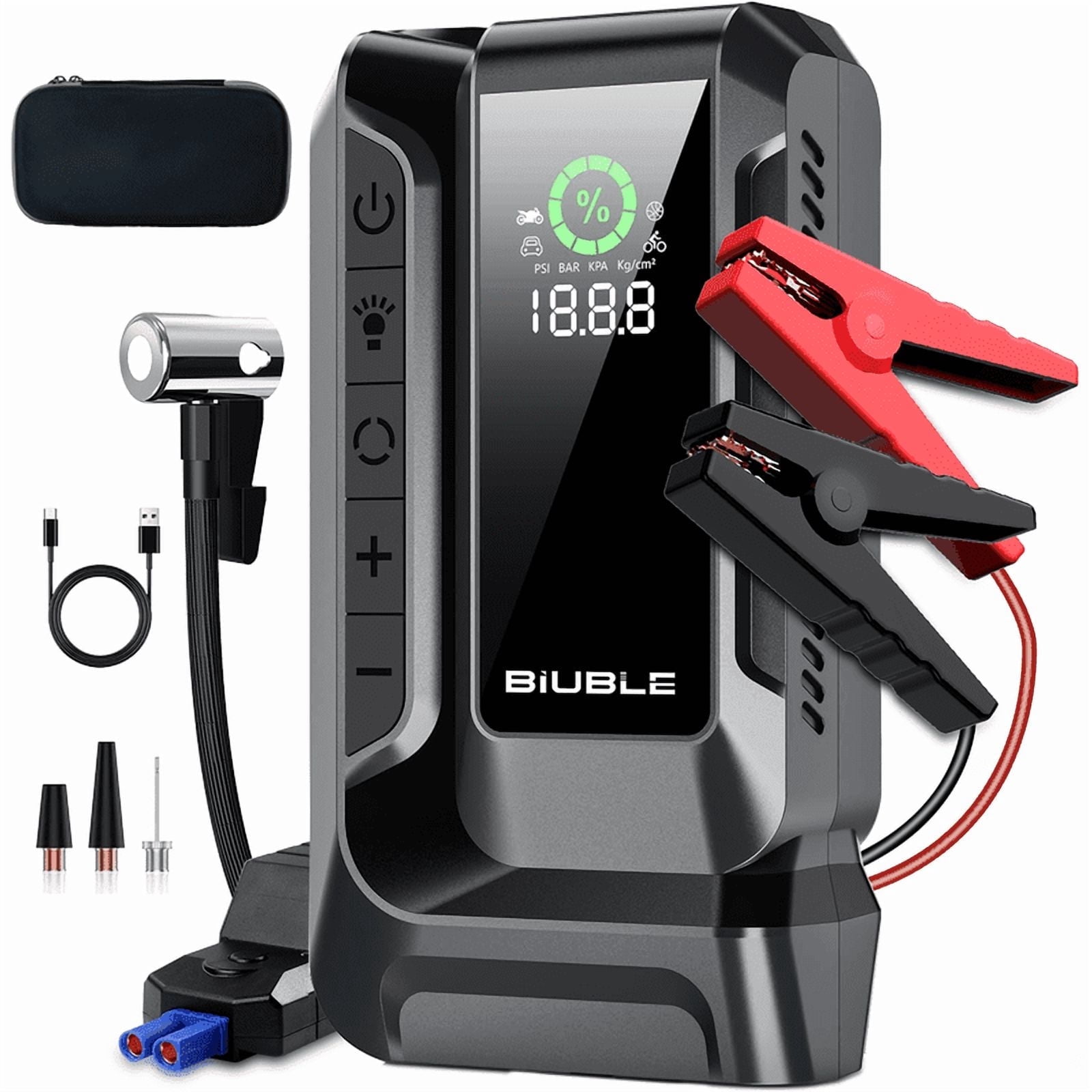 BIUBLE 6000A Car Jump Starter with Air Compressor 160PSI, Portable Jump Starter Battery Pack (14.0L Gas/12.0L Diesel, 70 Starts), QC3.0, LCD Display, 3-mode Flashlight & Jumper Cable