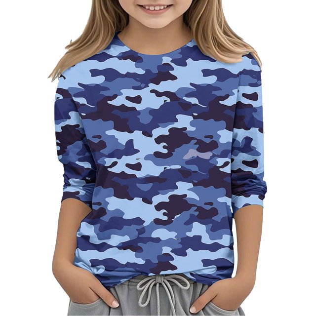 XZNGL Camouflage Print 3/4 Sleeve Round Neck Top for Kids , Soft Polyester-Spandex Blend , Breathable Fabric , Easy Pullover Design , Versatile Layering Piece , Machine Washable