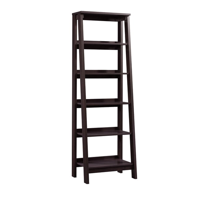 Sauder Trestle® dark brown wooden 5 shelf bookcase with angled sides and open shelves