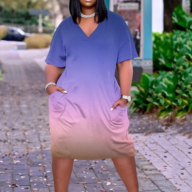 Robe à Manches Courtes pour Femmes Grande Taille Robe pour Femmes Col en V Robes d'Été Décontractées avec Poches Manches Courtes avec Poches en Liquidation