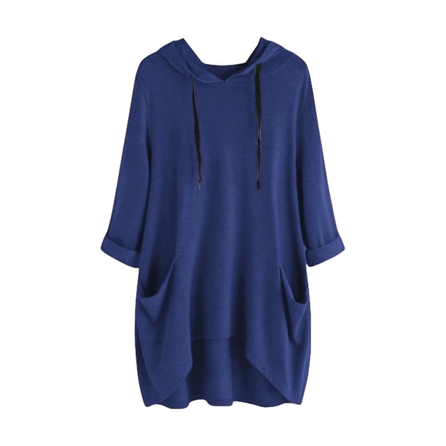 Timegard Hoodies for Women Plus Size Long Sleeve Drawstring Fall Casual Loose Comfy Blouse with Pockets. The hoodie is displayed in a solid blue color with a relaxed fit, featuring a drawstring hood, long sleeves, and two front pockets. The fabric appears soft and breathable, ideal for layering in cooler seasons. The high-low hemline adds a casual yet stylish touch.