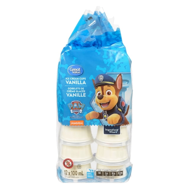 Great Value Coupes de Crème Glacée à la Vanille, Lot de 12, Contenant une Portion de Crème Glacée à la Vanille dans des Coupes en Plastique Transparent avec Emballage à Thème Patte Bleue, Faites avec du Lait Certifié des Producteurs Laitiers du Canada et Sans Colorants Synthétiques, Arômes Artificiels et Arachides.