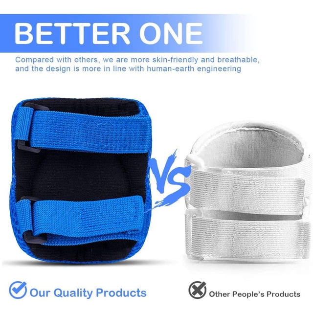 Knee Pads and Elbow Pads for Kids 10-12, a 6-in-1 protective gear set with blue and black knee pads featuring elastic straps for a secure fit, compared to a white alternative. Made of durable PVC and sponge for comfort and breathability, ideal for kids' protective gear in biking, skating, and other sports activities.