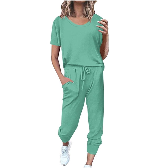 Yuyuzo Womens Workout Sets 2 Piece Short Sleeve Crew Neck T-Shirts Drawstring Jogger Pants with Pockets