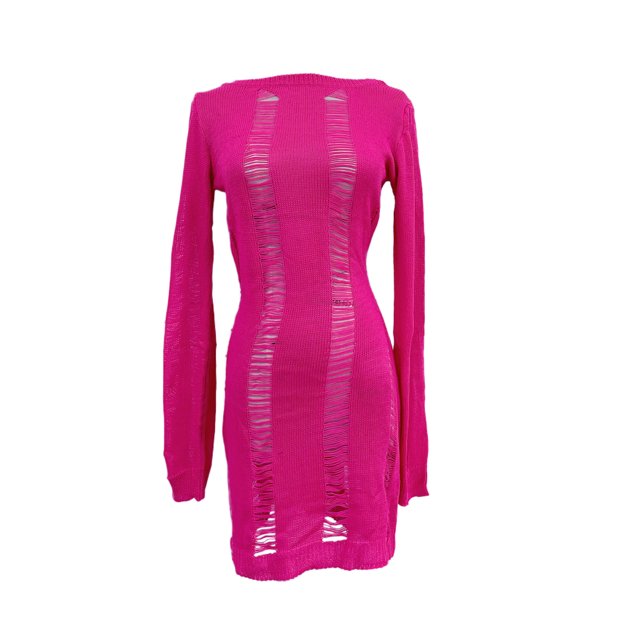 Fortune Robe Courte Tricotée Découpée pour Femmes Été Dos Nu Manches Longues Mini Robes Enveloppées