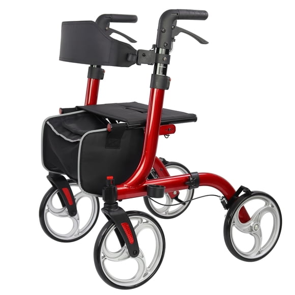 Garvee Déambulateurs à Roulettes pour Aînés - Déambulateur à Roulettes Pliant avec Siège et Quatre Roues de 10 Pouces - Déambulateur Médical à Roulettes avec Poignées Confort et Dossier Épais - Cadre et Panier en Aluminium Léger, Rouge