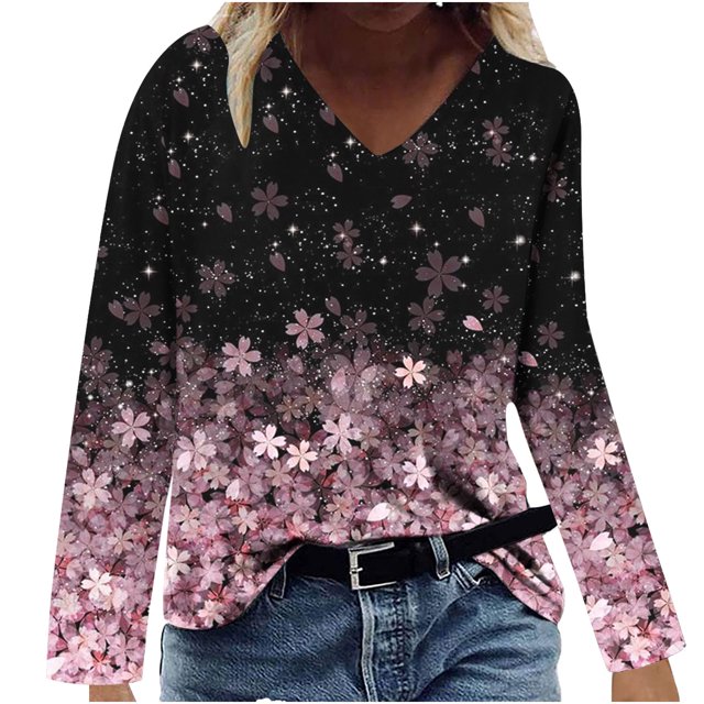 Hauts à Manches Longues pour Femmes Mode Décontractée Col en V Confortable Haut Imprimé T-Shirt Blouse Hauts Col en V pour Femmes Hauts Décontractés Mode pour Femmes Hauts à Manches Longues