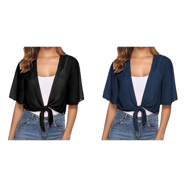 (2-Pack) Kcodviy Women Tie Front Chiffon Plus Size Womens Sweaters Short Sleeve Cropped Sheer Musical Notes Cardigan Bolero Cardigan