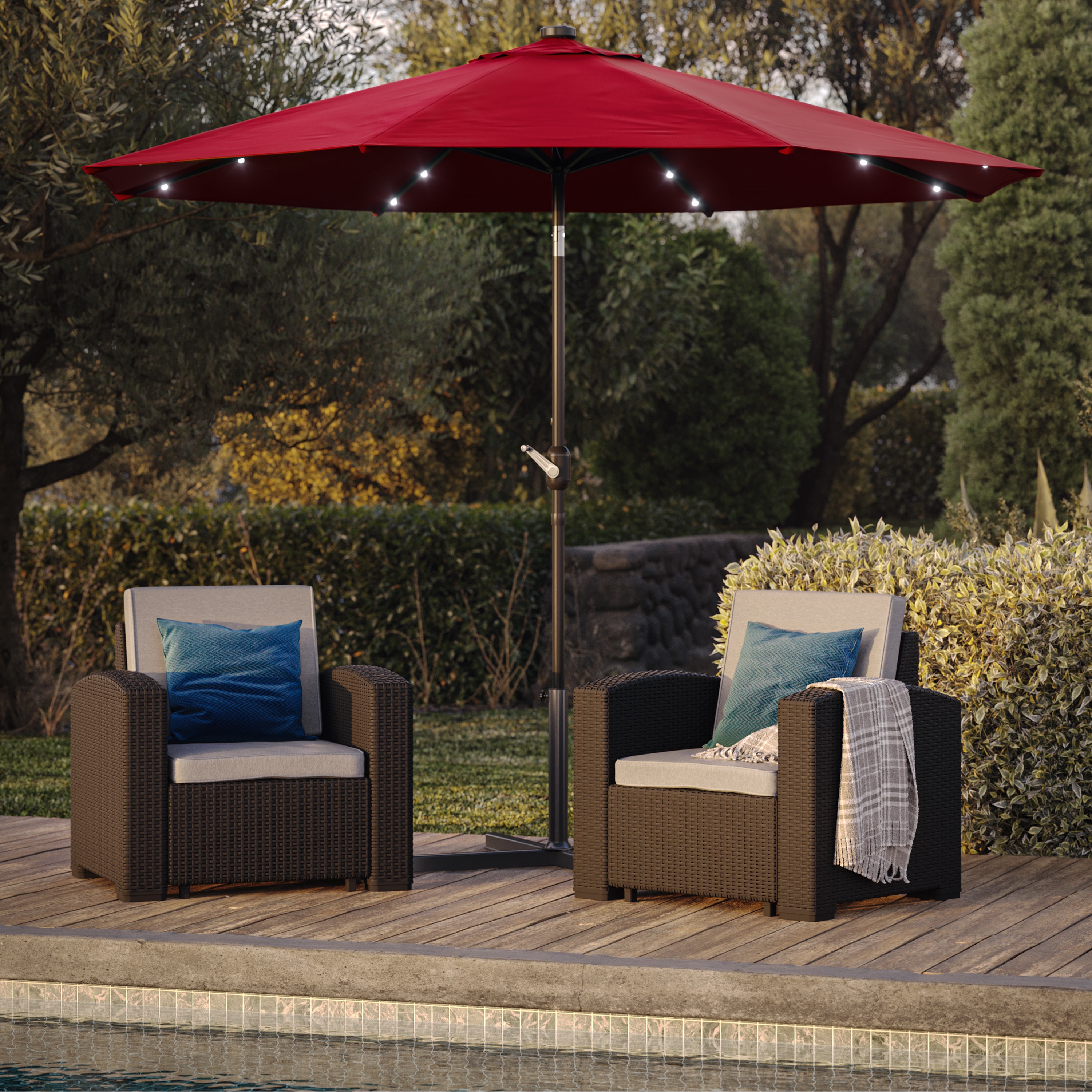 CorLiving Pegasus 9ft Round Tilting Patio Umbrella with Solar Powered LED Lights and Powder-Coated Steel Frame, Burgundy