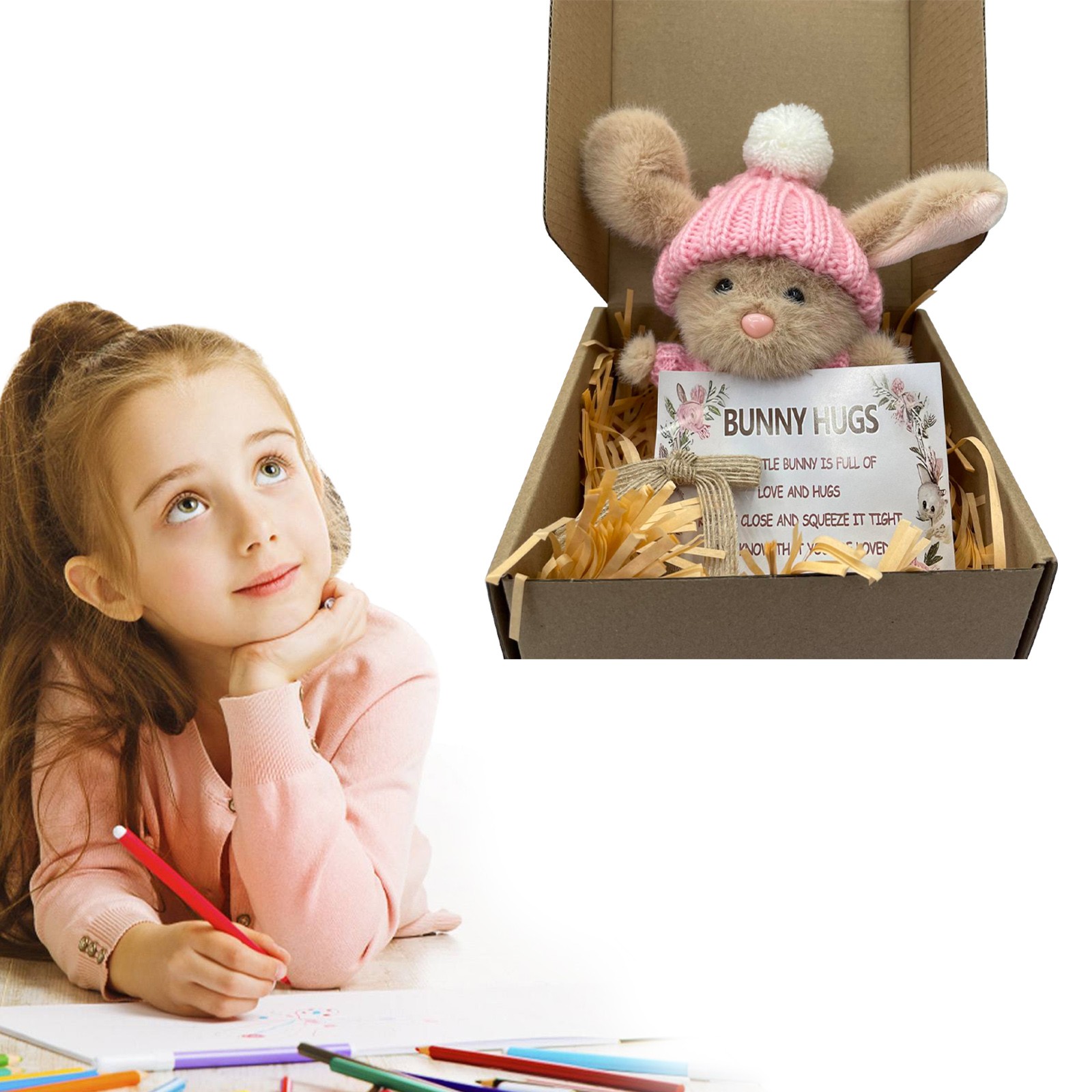 Hug Cute Easter Adorable Knitted Bunny With Inspirational Card Desk Decor Handmade Emotional Support Positive For Teachers Friends Family
