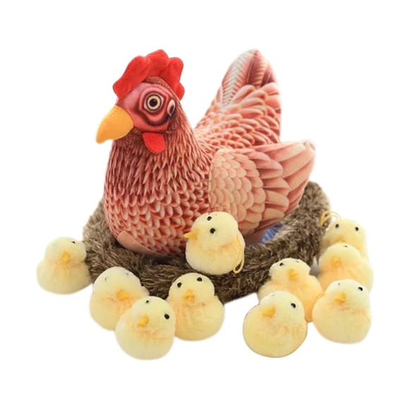 10inch Chicken Stuffed Animals  Mommy Farm Hen Plush with Henhouse Plushie/10 Little Baby Chicks Toys Whit Chicken Croak Sound