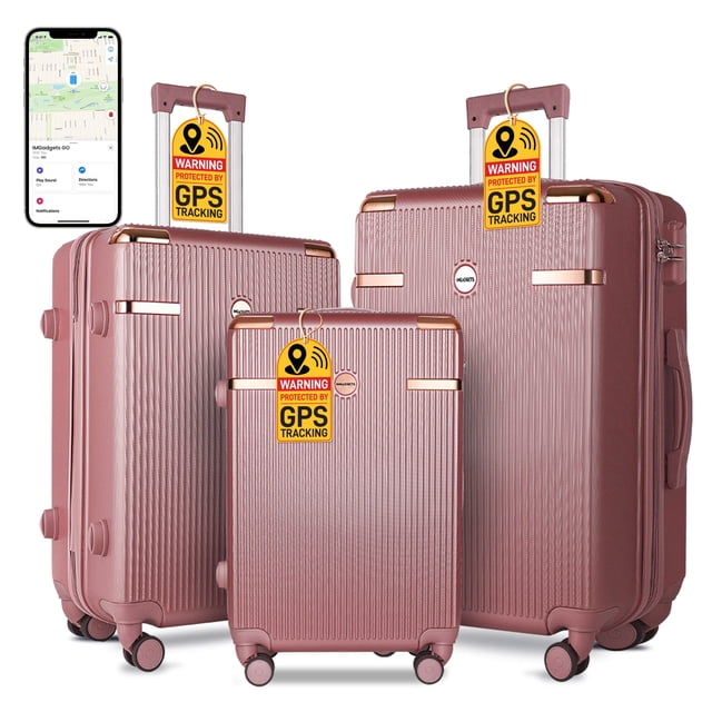 IMGadgets Go Luggage 3pc Set in gold, featuring a 20-inch carry-on, 24-inch medium suitcase, and 28-inch large travel bag. Made from lightweight and durable ABS polycarbonate with a ribbed texture and rose gold accents. Each piece includes 360° dual spinner wheels for smooth maneuverability, a retractable iron handle, and a TSA-approved coded lock for secure travel. The set is equipped with 3 GPS World Smart Tags for real-time tracking via the Apple Find My network. Displayed in a studio setting with a smartphone showing the GPS tracking interface.