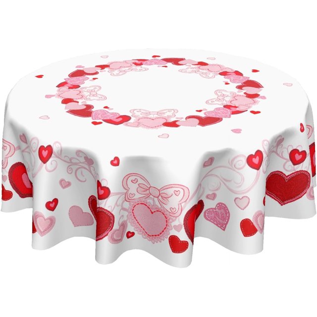 Valentine''s Day Round Tablecloth 60 Inch Red and Pink Love Hearts Table Cloth Valentines Romantic Polyester Table Cover for Party Kitchen Dining Room Home Decor
