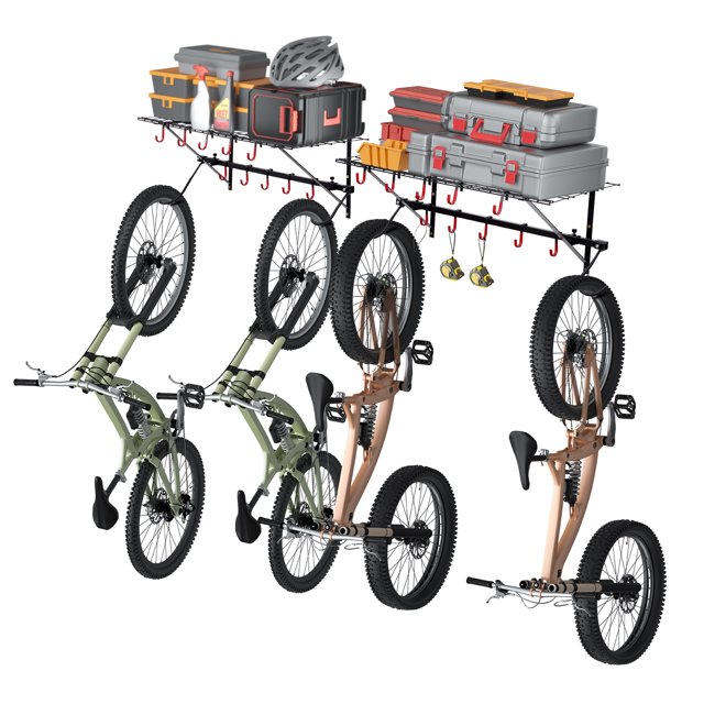 KFFKFF Support de Rangement pour Bicyclette, Porte-Vélos Quadruples, Crochet de Rangement pour Vélo Fixé au Mur avec Doubles Rebords, Outil d'Aménagement pour Résidence et Garage, Support Modifiable, Peut Accueillir jusqu'à 500 Lb, 63 Pouces