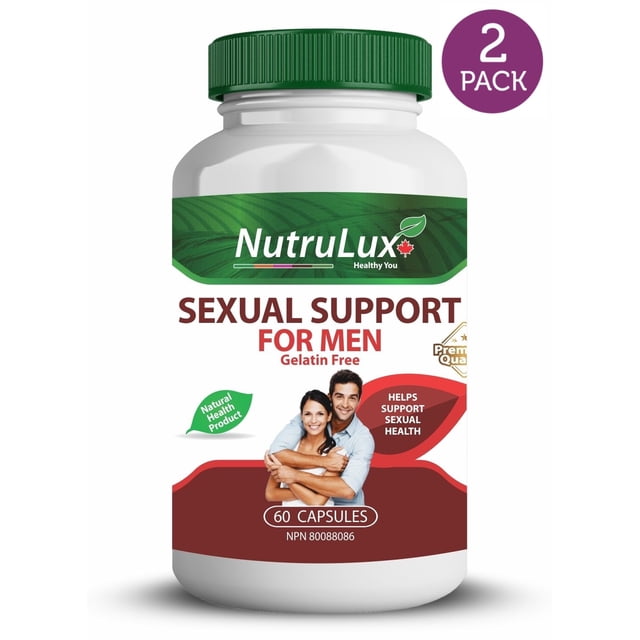NutruLux Sexual Support For Men (200 mg Tribulus) Halal Gelatin Free Capsules, Pack of 2. The image shows a bottle with a green cap and label featuring the NutruLux logo and Canadian maple leaf icon. The label highlights 'Sexual Support For Men' in bold red text, 'Gelatin Free,' and 'Natural Health Product.' The bottle contains 60 capsules per pack, designed to support male sexual health and vitality with 200 mg Tribulus extract. Certified Halal and free from animal-derived ingredients, the product is tailored for men's wellness.