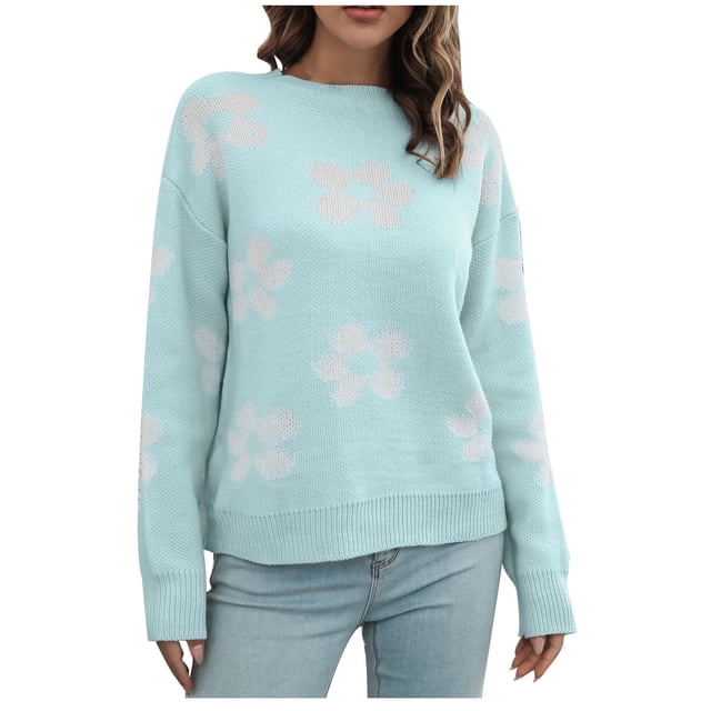 Rbaofujie Chandails d'Automne pour Femmes, Fleurs Amples, Chandail à Col Rond, Blouse d'Hiver à Manches Longues, Chandails à Capuchon Bleu Pâle pour Femmes
