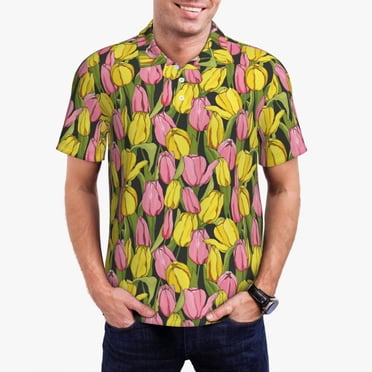 KLL Polo de Golf à Manches Courtes pour Homme à Imprimé de Tulipes et Fleurs, Polos à Trois Boutons Chemise de Golf d'Été Mode-Moyen