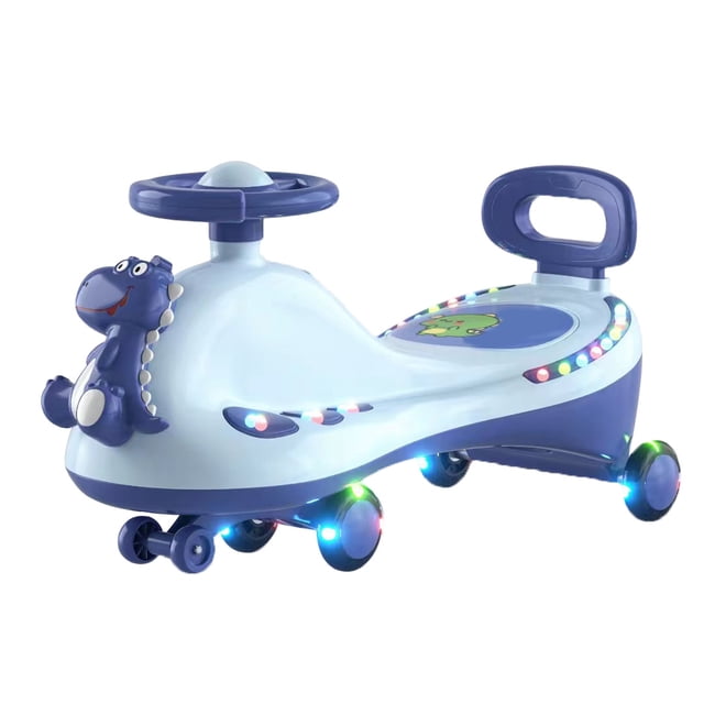 Wiggle Car for Kids, an electric ride-on toy with a dinosaur-themed design, featuring a blue and white plastic body, universal wheels, and a steering wheel. The car includes flashing lights along the sides and wheels, as well as a music feature. Suitable for outdoor play, it comes with a tow rope and installation tool for easy setup. Powered by 3 AA batteries (not included).