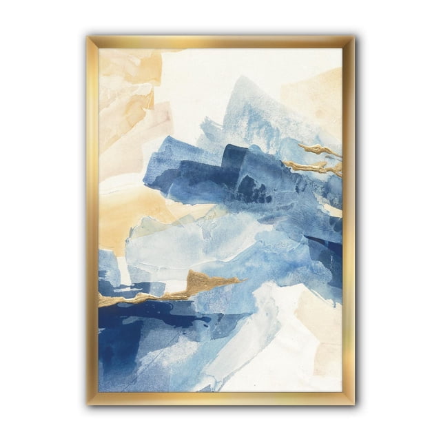 Designart Metallic Gold Indigo II Framed Wall Art showing abstract blue and beige watercolor brushstrokes with metallic gold accents on premium cotton canvas, mounted in a 1.5-inch gold frame, includes hanging kit for easy installation, ideal for contemporary home décor.