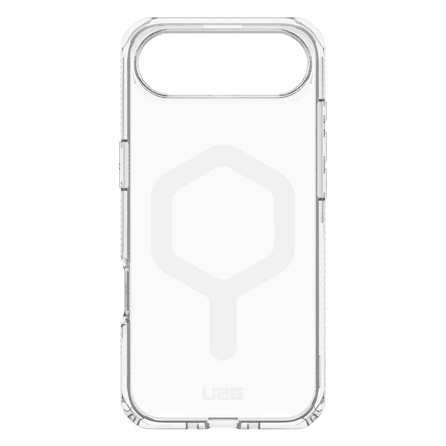 Étui UAG Plyo MagSafe Glace/blanc pour iPhone Air Montré par l'Arrière avec un Cadre Transparent en TPU Absorbant les Chocs et une Plaque Arrière en PC durable avec protection Anti-Jaunissement. Il Comprend un Aimant MagSafe Intégré pour la Recharge Sans Fil, une Lunette de Caméra Surélevée, des Boutons Tactiles Surdimensionnés, des Coins air-soft pour l'Amortissement des Impacts, et Répond aux Normes Militaires de Test de Chute avec une protection contre les Chutes de 16 Pieds (4,8 m).