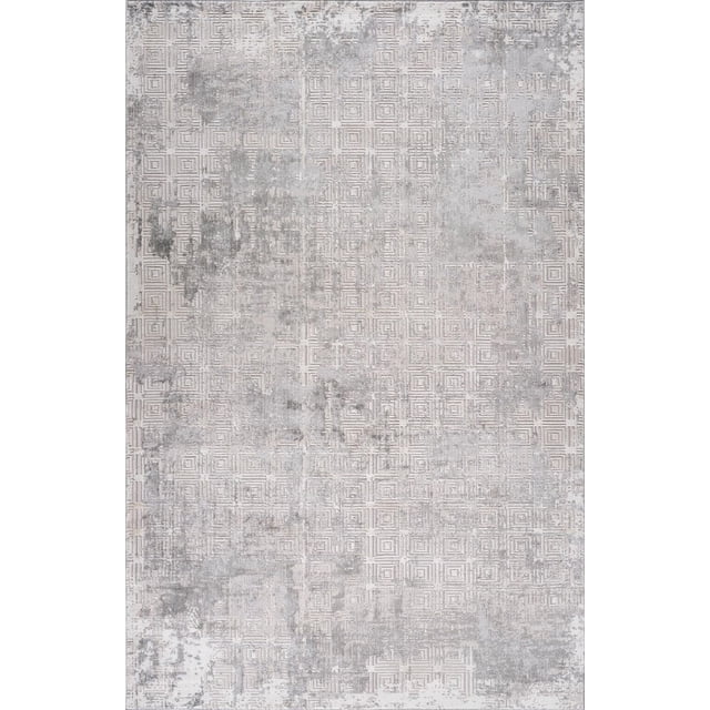Rug Branch Atlas Scandinavian Indoor Area Rug in grey beige with a distressed geometric square pattern and textured surface, sized 7'x10' (6'7" x 9'6"), made of 100% polyester, suitable for living room, bedroom, dining room, kitchen, and decorative home office use.