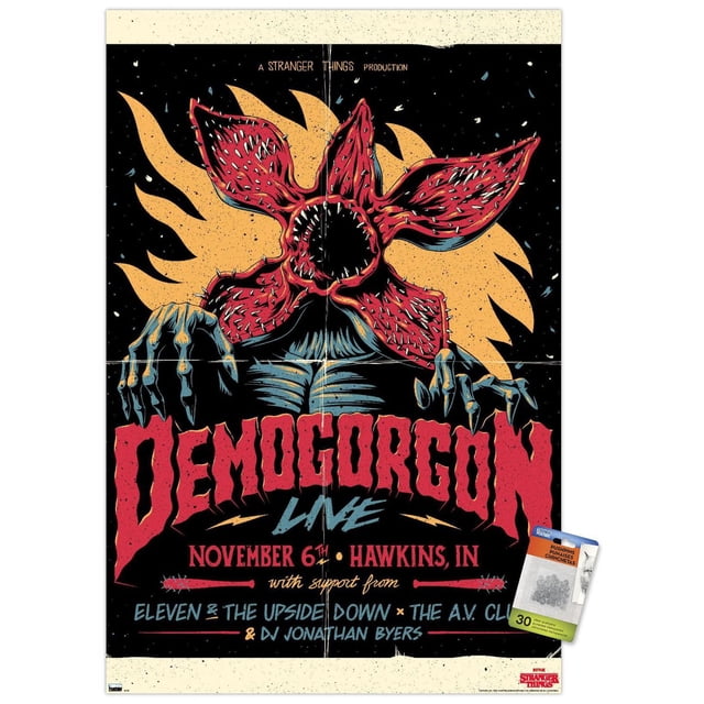 Netflix Stranger Things - Demogorgon Live Wall Poster, 22.375" x 34" framed, depicting a front-facing Demogorgon with red petal-like mouth and sharp teeth against a black background with yellow flame shapes. The poster includes bold red and blue text announcing a November 6th event in Hawkins, Indiana, with support from Eleven & The Upside Down, The A.V. Club, and DJ Jonathan Byers. This lightweight framed wall art is easy to hang with a sawtooth hanger, suitable for bedrooms, offices, or dorm rooms.