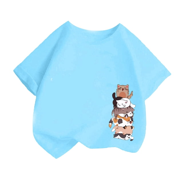 LUOGENLI T-Shirt pour Filles Enfant Filles Mignon Mode Imprimé Décontracté Ample Col Rond Manche Courte Tee Été T-Shirt Hauts Maxi Hauts Ensembles Filles Tenue 2 Pcs Bleu 2-4 Ans