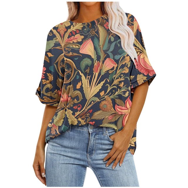 Pisexur Hauts pour Femmes Mode Décontractée Manches Courtes Col Rond T-Shirts Confortables Amples à Imprimé Floral Blouses Printemps Été Hauts Élégants à Imprimé Graphique Grande Taille Sorties S-5TG