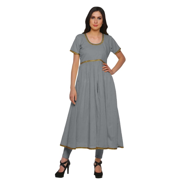 Moomaya Kurta à Manches Courtes Uni Femmes Robes d'Été Longues Kurti Robe Ethnique
