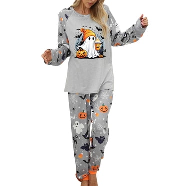 HNMKIU Femmes Halloween Ensemble de Pyjama Manches Longues Confortable Vêtement de Nuit Tenue de Détente Deux Pièces Tenue Douce Décontractée Tenue d'Intérieur Vêtement de Nuit Ensemble Douillet Gris,TG