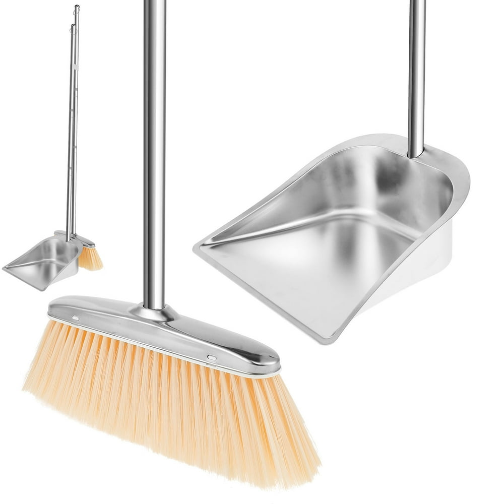 POINTERTECK 46 inch Stainless Steel Broom and Dustpan Set Upright Broom and Dust Pans with Long Handle  Heavy Duty Stainless Steel Dustpan with Broom Combo Set