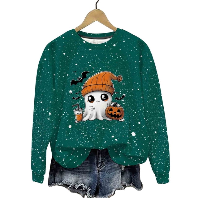 LMKIHUSA Chandails d'Halloween Fantôme pour Femmes Mode Décontractée Automne 2025 Chandail Kawaii Graphique Brillant Col Rond Chandail à Manches Longues Hauts Saison Effrayante Vert,TG