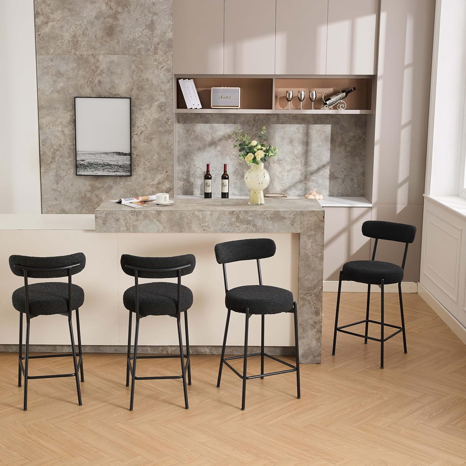 COZONY 27" Bar Stools Set of 2, Modern Counter Height with Back & Pedals, Kitchen Barstools With Metal Legs, Boucle Saddle Seats for Kitchen Island, Dining Room,Max Load 300Lbs, Black