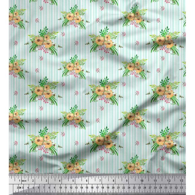 Soimoi Tissu Vert Moss Georgette Rayé & Anémone Imprimé Floral au Mètre 42 Pouces de Large