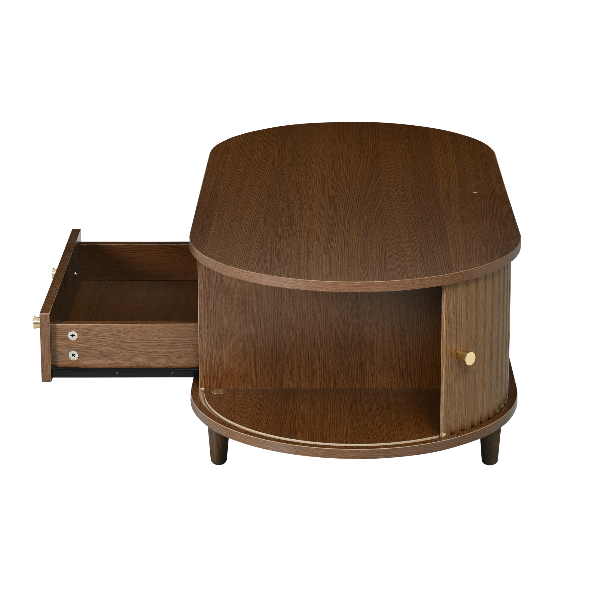 Homy Casa table basse ovale noyer avec tiroir, tablette ouverte et portes tambour pour le salon