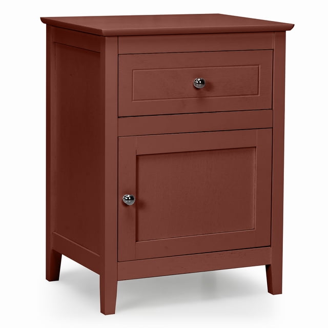 Costway Table de Chevet avec Tiroir, Table d'Appoint Latérale, Armoire de Rangement à Fini Cerisier. Conception à 2 Niveaux avec Tiroir Coulissant et Armoire Offrant un Grand Rangement pour les Meubles de Chambre. Fabriquée en MDF durable et en Bois de Pin avec Pattes Effilées et Boutons Ronds en Métal. Idéale pour Organiser des Articles dans les Chambres Ou les Salons.