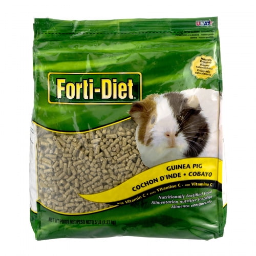 KT GUINEA PIG Forti-Diet guinea pig food in a 2.3kg resealable green bag featuring a pelleted fiber-rich diet enriched with vitamin C to support normal digestion and nutrition for small animals.