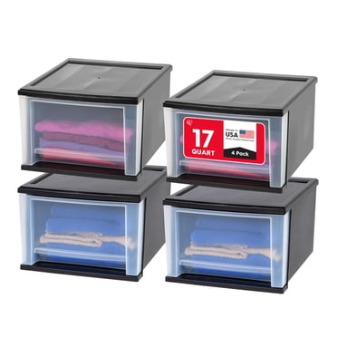 IRIS USA 17 Qt. Medium Plastic Stacking Drawer, Stackable Storage Organizer Unit with Sliding Drawer for Bedroom Kitchen Under Sink Pantry Craft Room Dorm Office, Black, 4-Pack