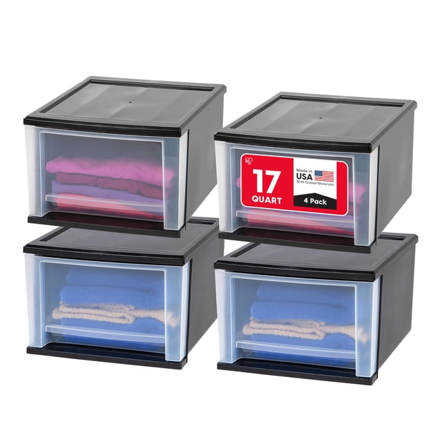 IRIS USA 17 Qt. Medium Plastic Stacking Drawer, Stackable Storage Organizer Unit with Sliding Drawer for Bedroom Kitchen Under Sink Pantry Craft Room Dorm Office, Black, 4-Pack