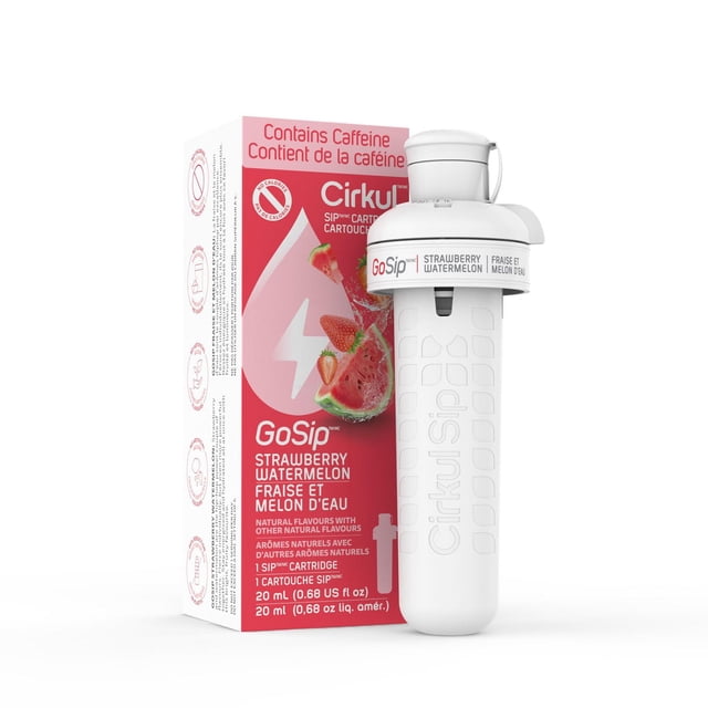 Cirkul GoSip Strawberry Watermelon Flavor Cartridge, 1-pack, showing a white plastic cartridge with embossed CirkulSip branding and flip-top cap, next to its red and white box featuring sliced strawberries and watermelon, bilingual English-French text, and caffeine content notice, designed to flavour water with zero sugar and calories.