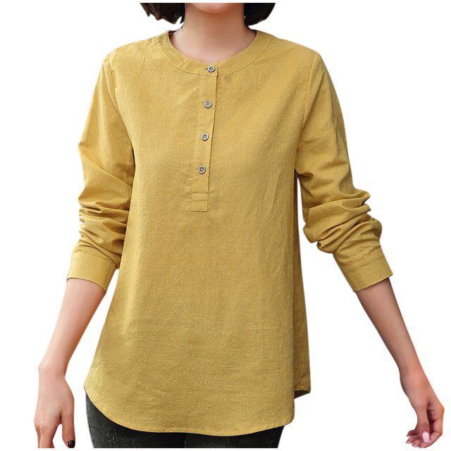 Timegard Blouse pour Femmes Ample Légère Manches Longues Bouton Col Rond Chemises Décontractées pour Bureau