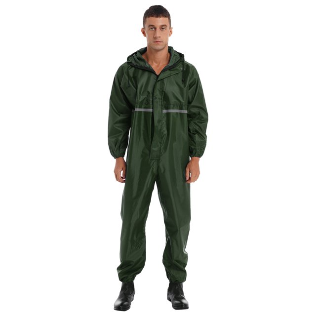 Miaeowve Mens Motorcycle Rain Suit One Piece Hooded Jumpsuit Reflective Strip Waterproof Rainsuit Dark Green 185/3XL