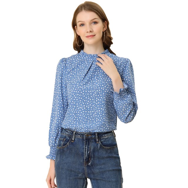 INSPIRE CHIC Blouse Imprimée à Col Montant Volanté à Smocks à Manches Longues pour Femme P Bleu Gris-Cœur