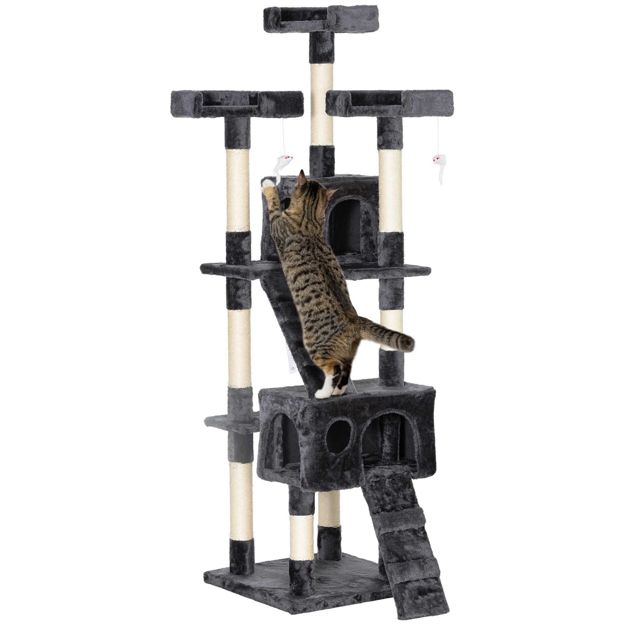 68" Multi-Level Grey Cat Tree Condo Tower - Sisal Scratching Post, Plush Perches & Toys for Living Room, Bedroom & Play - Pet Activity Center