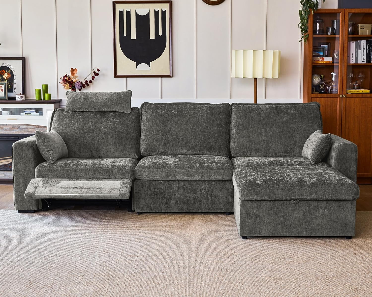 BEDEEP Canapé Inclinable Électrique 125 Pieds' avec Appui-Tête, Canapé Sectionnel en Chenille avec Rangement Ottoman Chaise Longue, Canapé Convertible 4 Places pour Salon RV, Gris